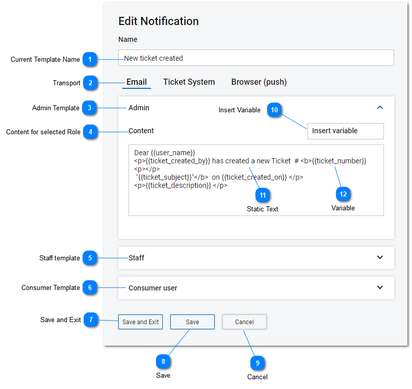 screenshot of ticket system's notification email template editor